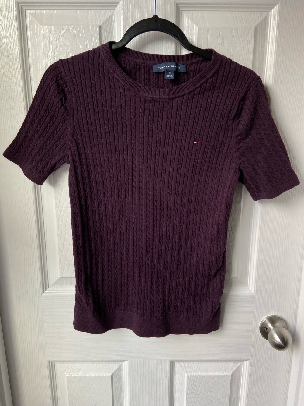 Tommy Hilfiger Women's Short Sleeve Cable Knit Top - Deep Plum